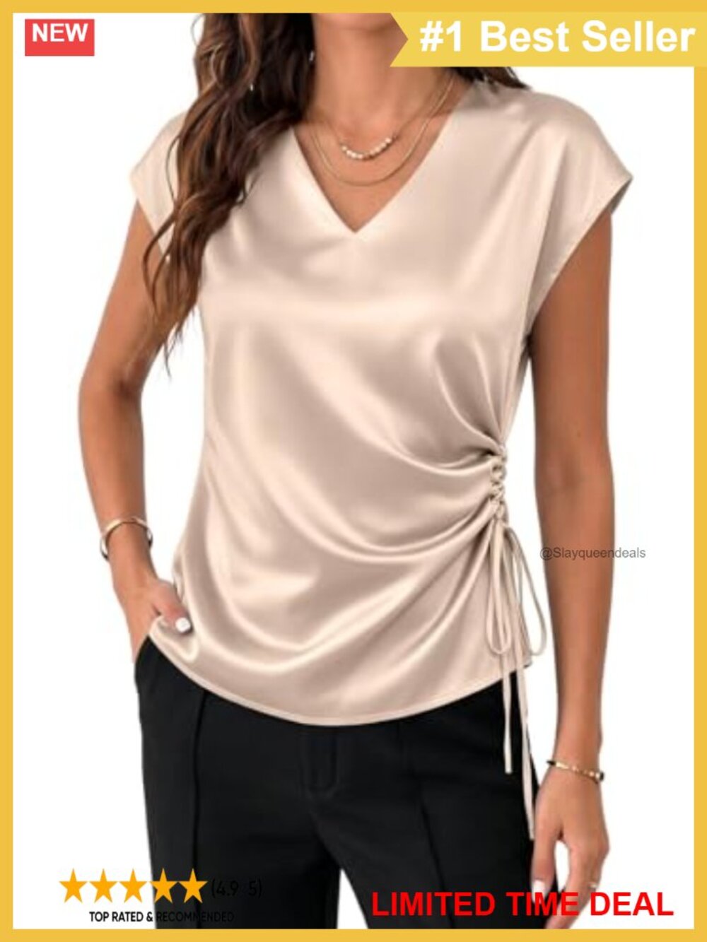 Satin V-Neck Cap Sleeve Blouse with Side Tie Detail